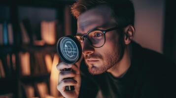 Close-up of a person examining a device through a magnifying glass. photo
