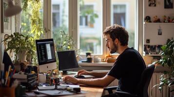 Home office workspace view of a person working. photo