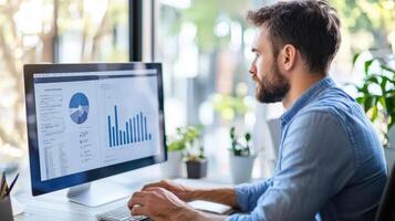Focused man reviewing business data on a computer. photo