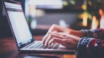 Close-up view of hands typing on a laptop keyboard o photo