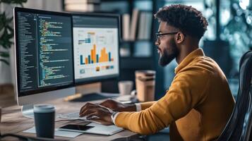 Focused worker engrossed in coding and data analysis. photo