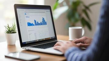A person working on a laptop displaying financial data. photo