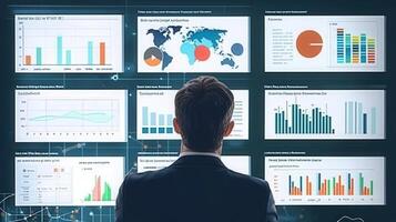 Business person reviewing multiple data visualizations on interactive displays. photo