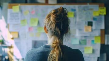 Focused individual contemplating ideas on a bulletin board. photo