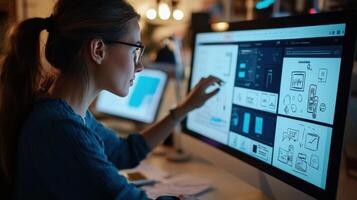 Focused young woman interacts with a computer screen. photo