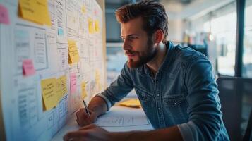 Focused individual brainstorming session at a workspace. photo