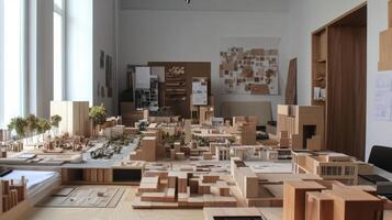 Detailed wooden model of an urban design project in a . photo