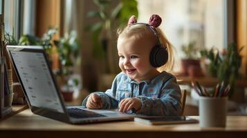 Smiling toddler engrossed in laptop activity. photo