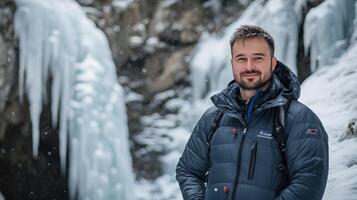 Smiling man in winter landscape with icy waterfall. photo