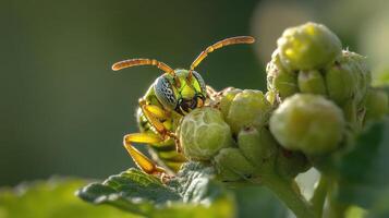 Close-up view of a vibrant green and yellow insect on a plant. photo