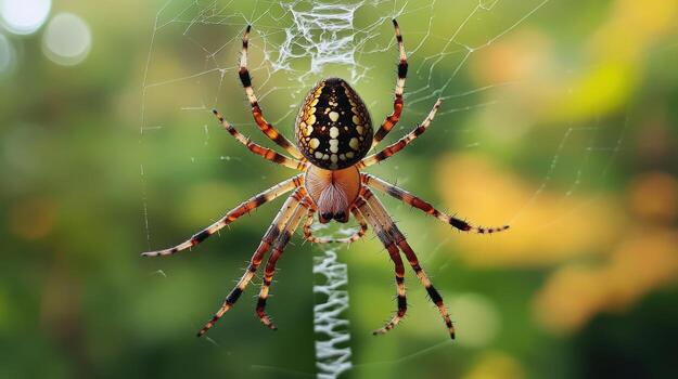 Ornate orb weaver spider suspended in its intricate web. photo