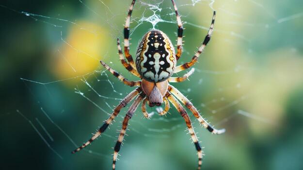Ornate spider centered in intricate web. photo