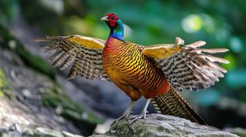 Colorful pheasant with outstretched wings perched on a rock. photo