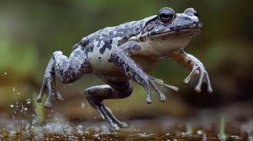 A leaping amphibian in mid-air, captured in vibrant detail. photo
