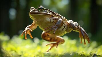 A leaping frog in a forest setting, detailed close-up view. photo