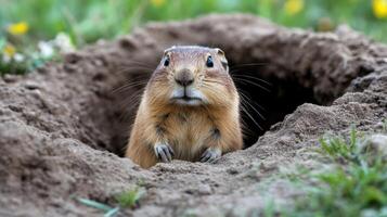 Close-up of a groundhog peeking from its burrow. photo