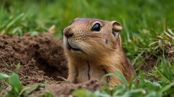 Close-up of a ground squirrel emerging from burrow. photo