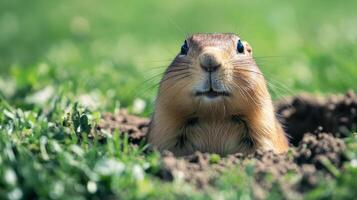 Close-up view of a prairie dog emerging from its burrow. photo