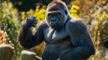 Powerful gorilla showcasing muscular physique in outdoor setting. photo