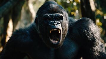 Powerful gorilla's intense, angry roar in dense jungle. photo