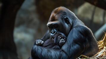 Close-up of a gorilla mother and baby, embracing. photo