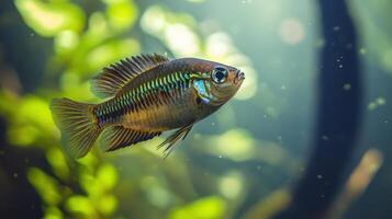 Close-up view of a colorful freshwater fish in an aquarium. photo