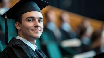 Smiling graduate in academic regalia at ceremony. photo