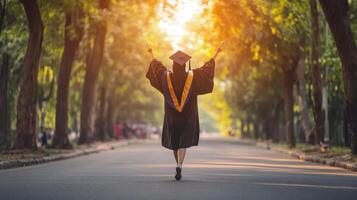 A happy graduate strolls down a tree-lined path. photo