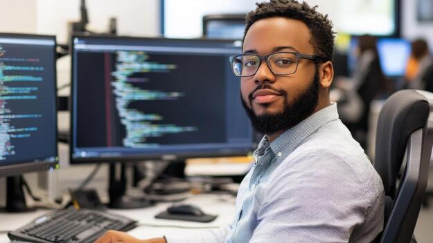 Focused professional in a modern workspace looking at the camera. photo