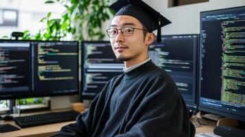 Smiling graduate student in a technology workspace. photo