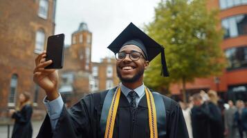 Smiling graduate taking a selfie outdoors. photo
