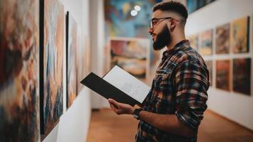 Man engrossed in art gallery, reviewing display materials. photo