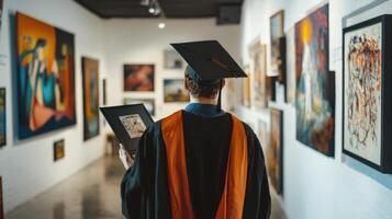 Graduating student contemplates art in a gallery setting. photo