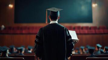 graduarse estudiante recepción un la licenciatura en un grande salón. foto