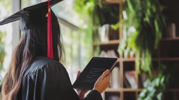 Graduating student using digital tablet in a modern space. photo