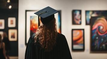 Graduate student contemplates art gallery displays. photo