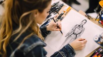 Close-up of a person sketching a fashion design. photo