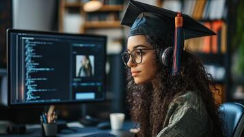 Focused student in graduation cap working on computer. photo