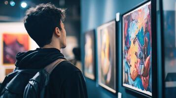 Young person admiring vibrant abstract art in gallery. photo