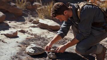 A man carefully examines a stone in a rocky, desert environment. photo