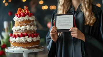 Graduation celebration with a tiered cake and diploma. photo