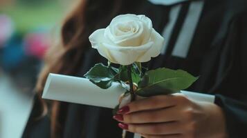 Graduation ceremony, a white rose and diploma held by a person. photo