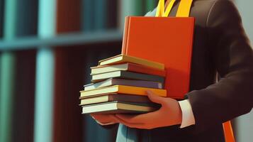 Person holding a stack of books in a library setting. photo