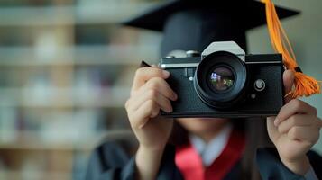 Graduating student taking a photo with an old-style camera.