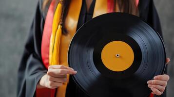Person in academic gown holding a vinyl record. photo