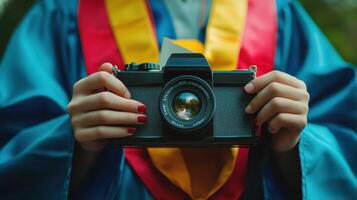 A graduate holding a vintage camera, capturing a moment. photo