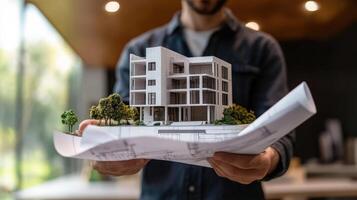 Architectural model held above construction plans. photo