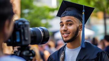 A graduating student being interviewed outdoors. photo