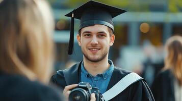Smiling graduate being photographed at graduation ceremony. photo