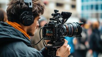 Focused videographer operating professional camera outdoors. photo